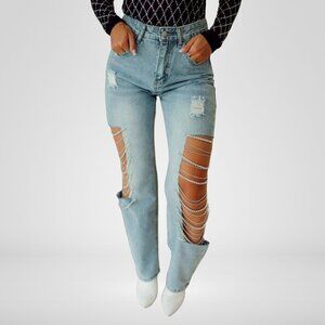 Concert Ready Rhinestone Jeans - Side Panel Cutout - Size Medium (4/6)